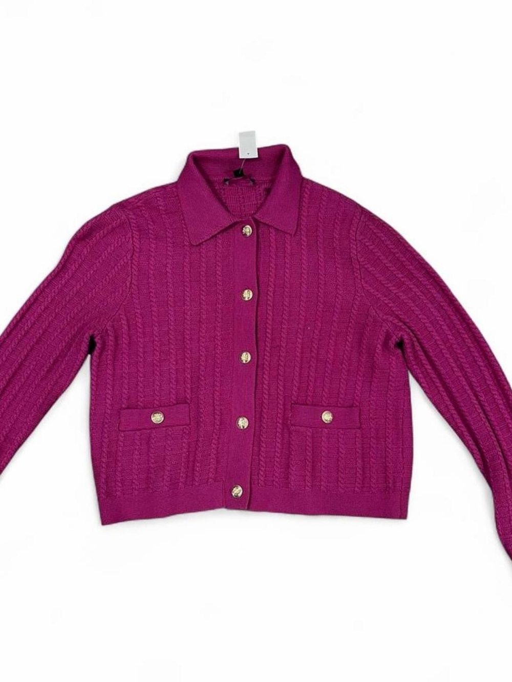 Ann Taylor Gold-Button Cable Knit Cardigan in Fuchsia